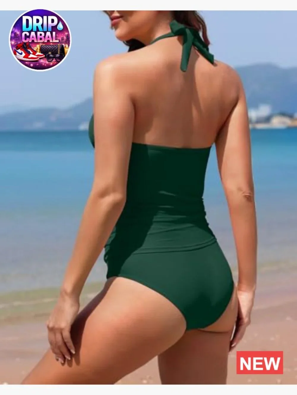 V Neck Tankini Bathing Suits Tummy Control Two Piece Swimwear Mesh Halter